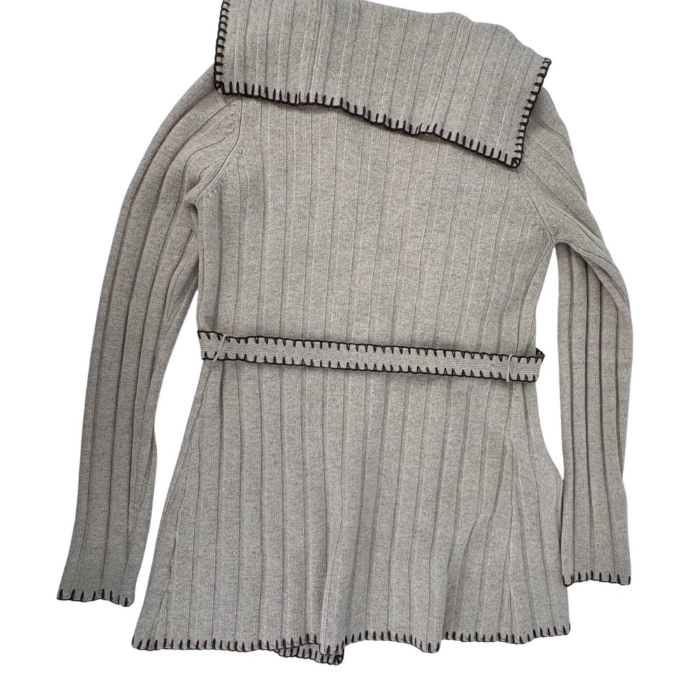 Halogen‎ Ribbed Knit Open Front Belted Cardigan Sweater Womens L Beige Hooded - Picture 3 of 6